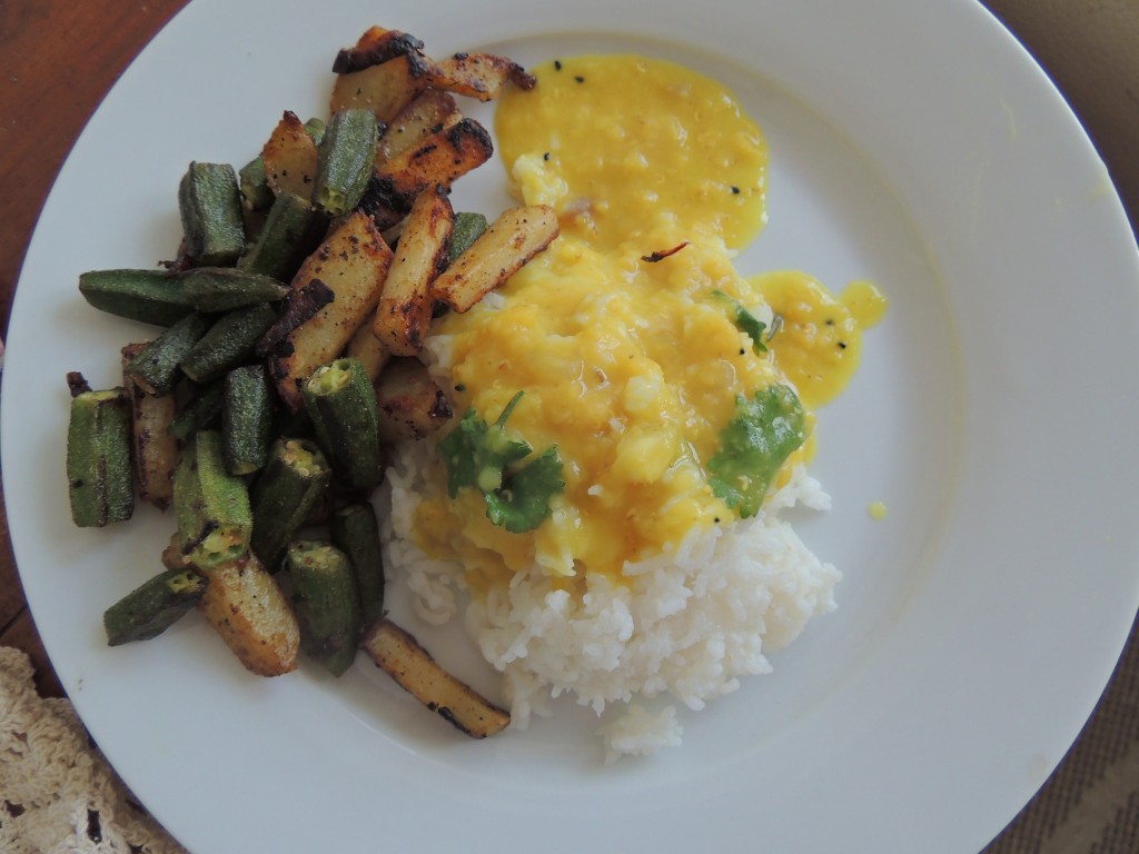 Red lentils, steamed rice and okra fritters. Bengali comfort food at its best