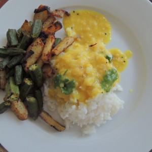 Red lentils, steamed rice and okra fritters. Bengali comfort food at its best